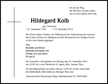 Anzeige von Hildegard Kolb von Kölner Stadt-Anzeiger / Kölnische Rundschau / Express