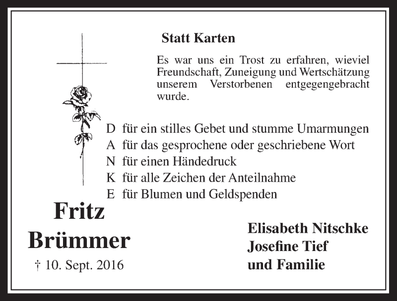  Traueranzeige für Fritz Brümmer vom 16.11.2016 aus  Werbepost 