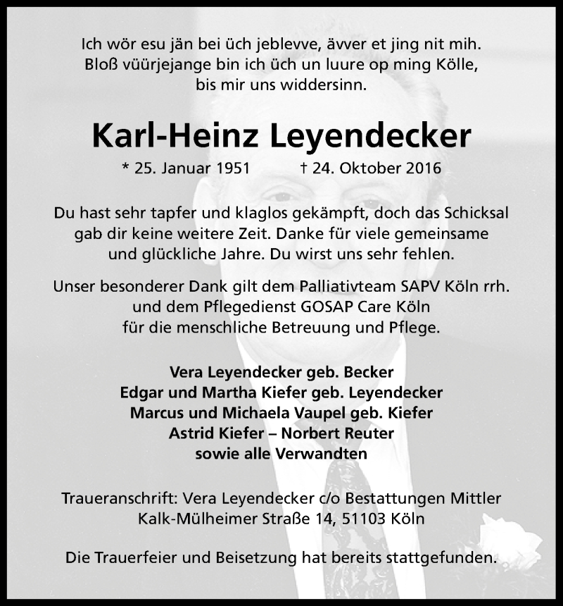  Traueranzeige für Karl-Heinz Leyendecker vom 05.11.2016 aus Kölner Stadt-Anzeiger / Kölnische Rundschau / Express