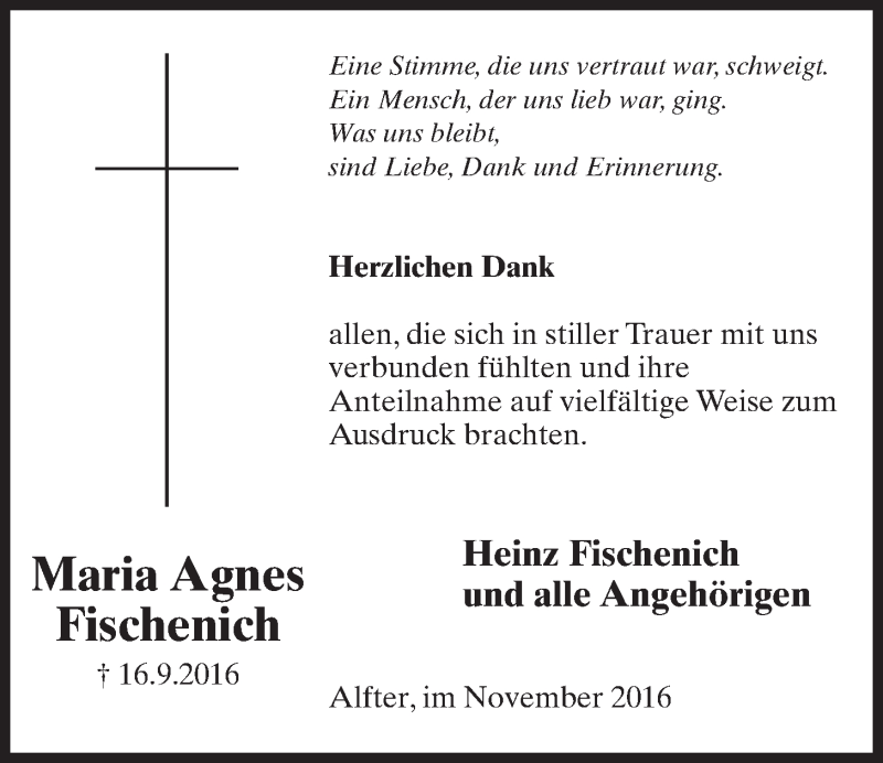  Traueranzeige für Maria Agnes Fischenich vom 09.11.2016 aus  Schaufenster/Blickpunkt 
