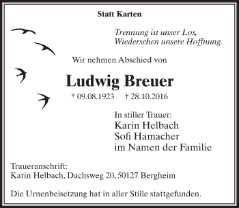 Anzeige von Ludwig Breuer von  Sonntags-Post 
