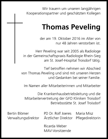 Anzeige von Thomas Peveling von Kölner Stadt-Anzeiger / Kölnische Rundschau / Express