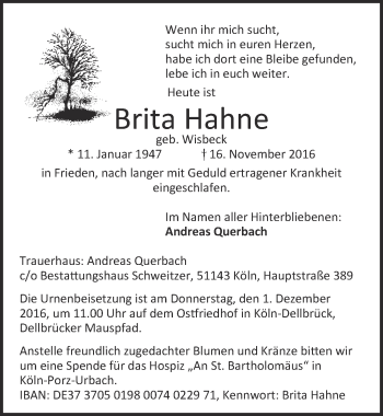 Anzeige von Brita Hahne von  Kölner Wochenspiegel 