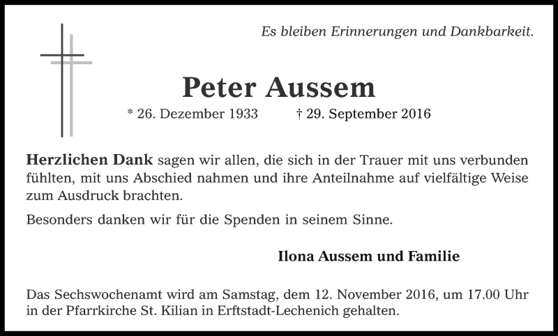  Traueranzeige für Peter Aussem vom 05.11.2016 aus Kölner Stadt-Anzeiger / Kölnische Rundschau / Express