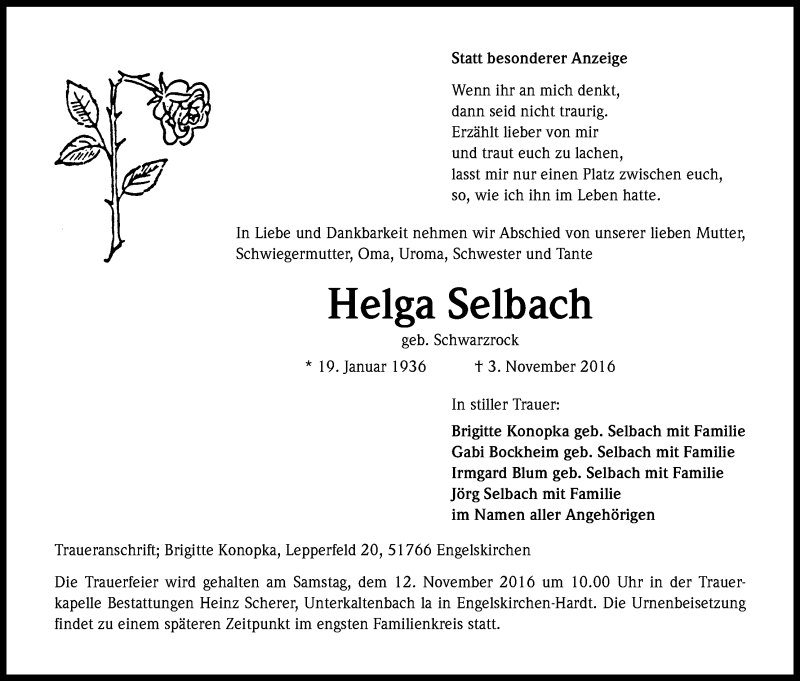  Traueranzeige für Helga Selbach vom 11.11.2016 aus Kölner Stadt-Anzeiger / Kölnische Rundschau / Express