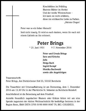 Anzeige von Peter Brings von Kölner Stadt-Anzeiger / Kölnische Rundschau / Express