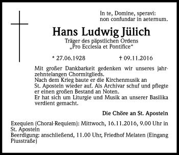 Anzeige von Hans Ludwig Jülich von Kölner Stadt-Anzeiger / Kölnische Rundschau / Express