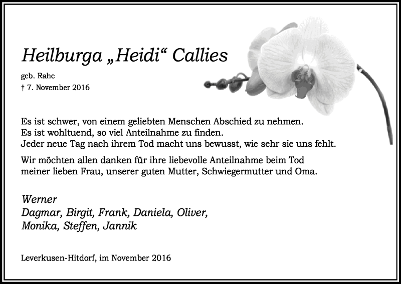  Traueranzeige für Heilburga  Callies vom 26.11.2016 aus Kölner Stadt-Anzeiger / Kölnische Rundschau / Express