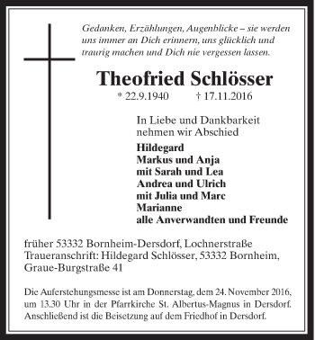 Anzeige von Theofried Schlösser von  Schaufenster/Blickpunkt 