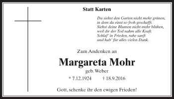 Anzeige von Margareta Mohr von  Schaufenster/Blickpunkt 