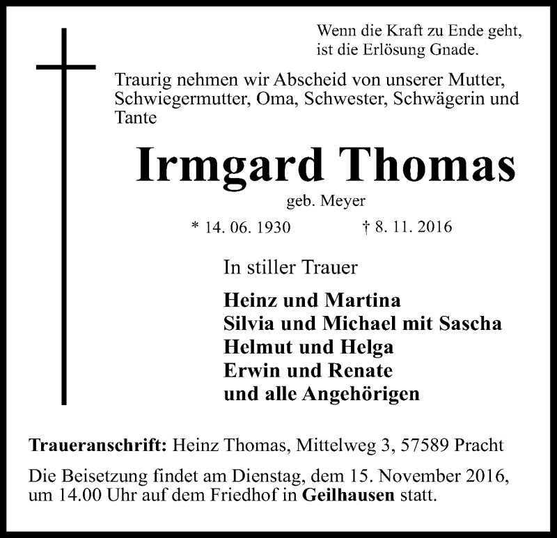  Traueranzeige für Irmgard Thomas vom 12.11.2016 aus Kölner Stadt-Anzeiger / Kölnische Rundschau / Express