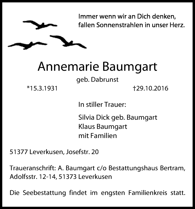  Traueranzeige für Annemarie Baumgart vom 05.11.2016 aus Kölner Stadt-Anzeiger / Kölnische Rundschau / Express