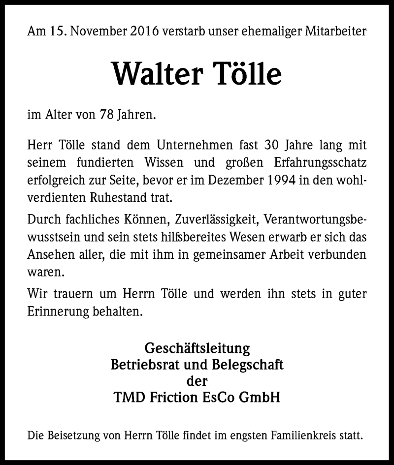  Traueranzeige für Walter Tölle vom 21.11.2016 aus Kölner Stadt-Anzeiger / Kölnische Rundschau / Express