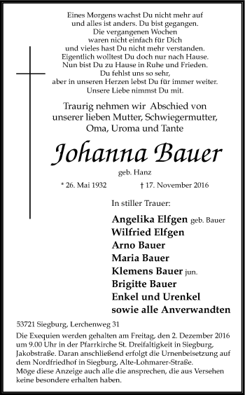 Anzeige von Johanna Bauer von Kölner Stadt-Anzeiger / Kölnische Rundschau / Express