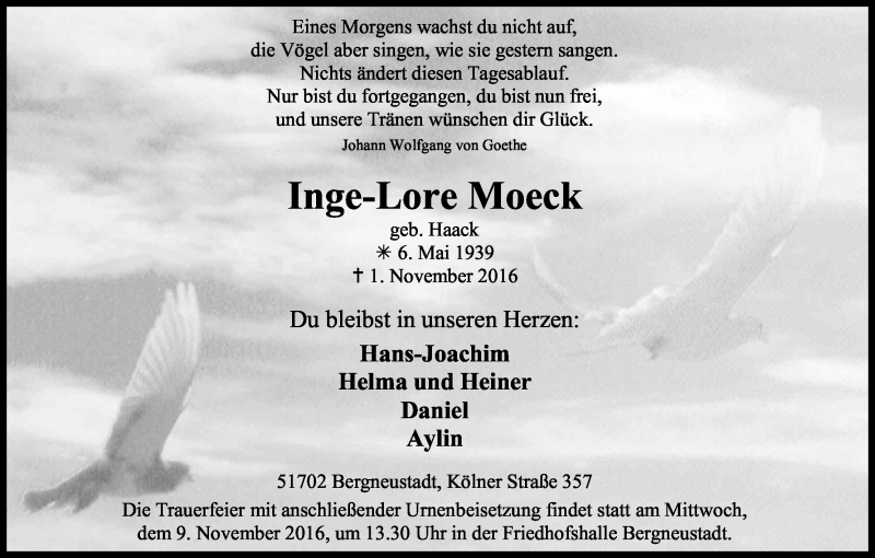  Traueranzeige für Inge-Lore Moeck vom 07.11.2016 aus Kölner Stadt-Anzeiger / Kölnische Rundschau / Express