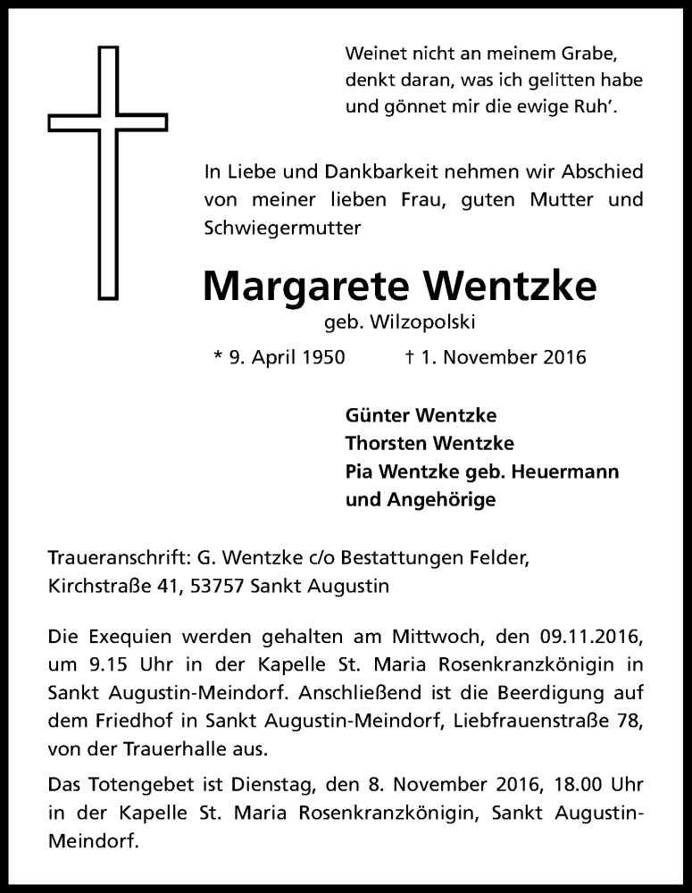  Traueranzeige für Margarete Wentzke vom 05.11.2016 aus Kölner Stadt-Anzeiger / Kölnische Rundschau / Express