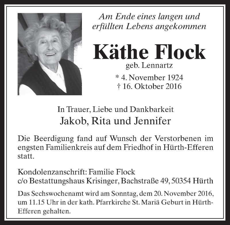  Traueranzeige für Käthe Flock vom 09.11.2016 aus  Wochenende 