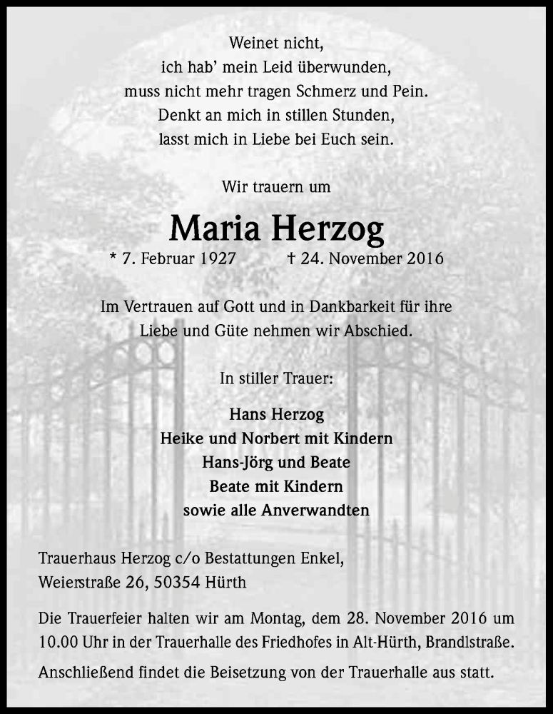  Traueranzeige für Maria Herzog vom 26.11.2016 aus Kölner Stadt-Anzeiger / Kölnische Rundschau / Express