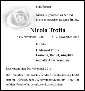 Anzeige von Nicola Trotta von Kölner Stadt-Anzeiger / Kölnische Rundschau / Express