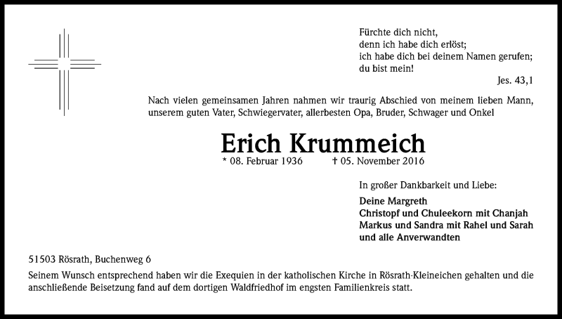  Traueranzeige für Erich Krummeich vom 19.11.2016 aus Kölner Stadt-Anzeiger / Kölnische Rundschau / Express
