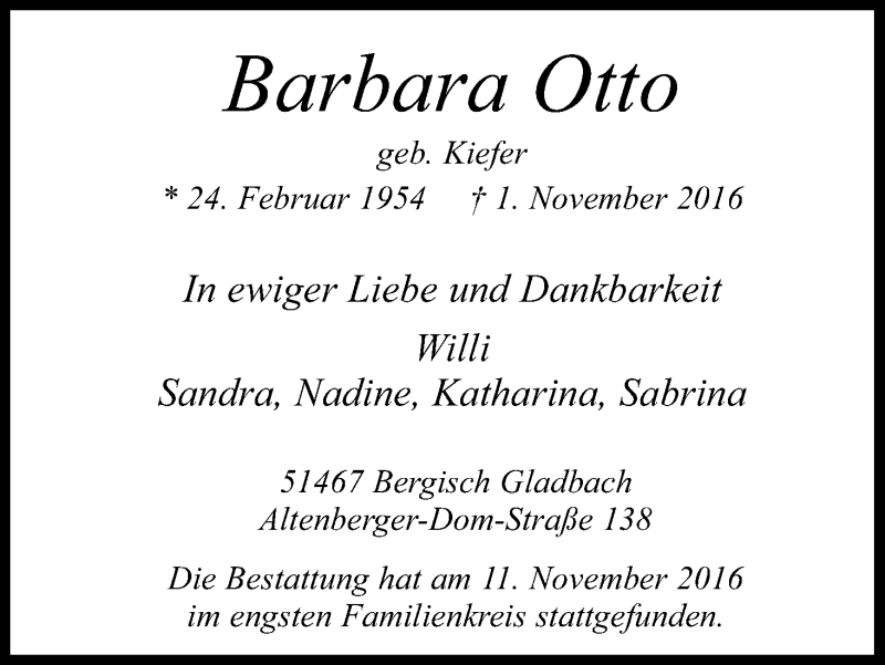  Traueranzeige für Barbara Otto vom 12.11.2016 aus Kölner Stadt-Anzeiger / Kölnische Rundschau / Express