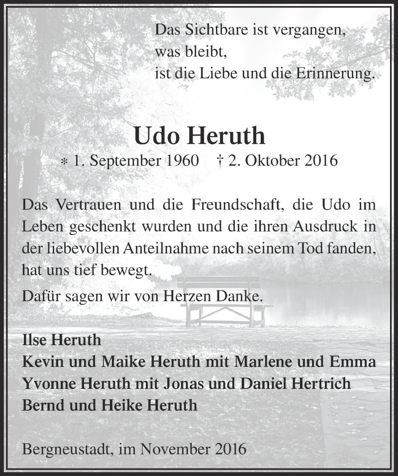  Traueranzeige für Udo Heruth vom 02.11.2016 aus  Anzeigen Echo 