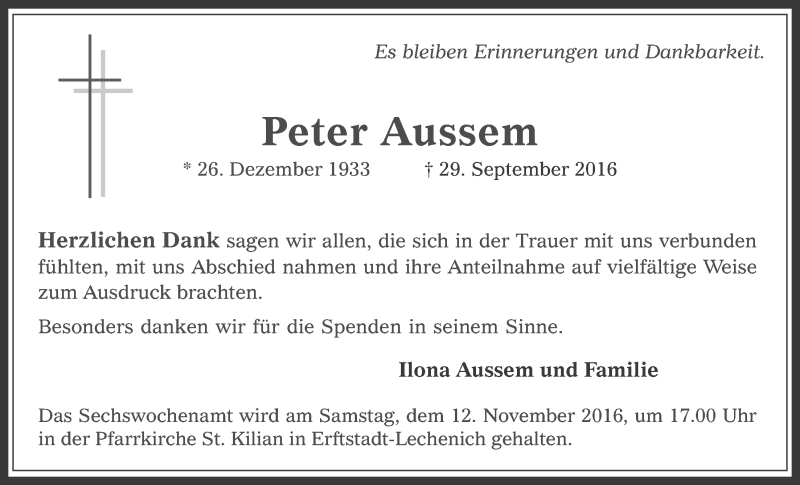  Traueranzeige für Peter Aussem vom 02.11.2016 aus  Werbepost 