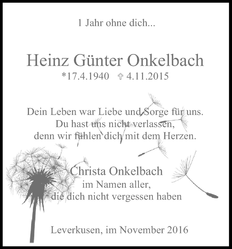  Traueranzeige für Heinz Günter Onkelbach vom 04.11.2016 aus Kölner Stadt-Anzeiger / Kölnische Rundschau / Express