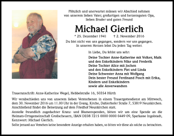 Anzeige von Michael Gierlich von Kölner Stadt-Anzeiger / Kölnische Rundschau / Express