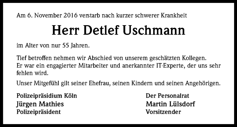  Traueranzeige für Detlef Uschmann vom 12.11.2016 aus Kölner Stadt-Anzeiger / Kölnische Rundschau / Express