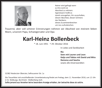 Anzeige von Karl-Heinz Bollenbeck von  Schlossbote/Werbekurier 