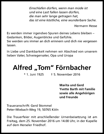 Anzeige von Alfred Förnbacher von Kölner Stadt-Anzeiger / Kölnische Rundschau / Express