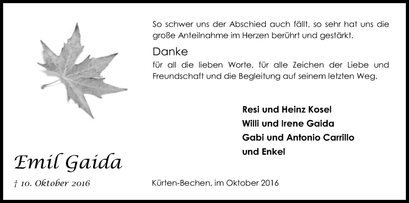  Traueranzeige für Emil Gaida vom 12.11.2016 aus Kölner Stadt-Anzeiger / Kölnische Rundschau / Express