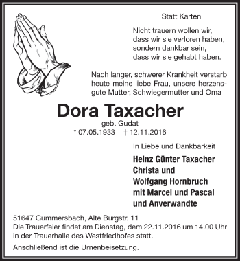 Anzeige von Dora Taxacher von  Anzeigen Echo 