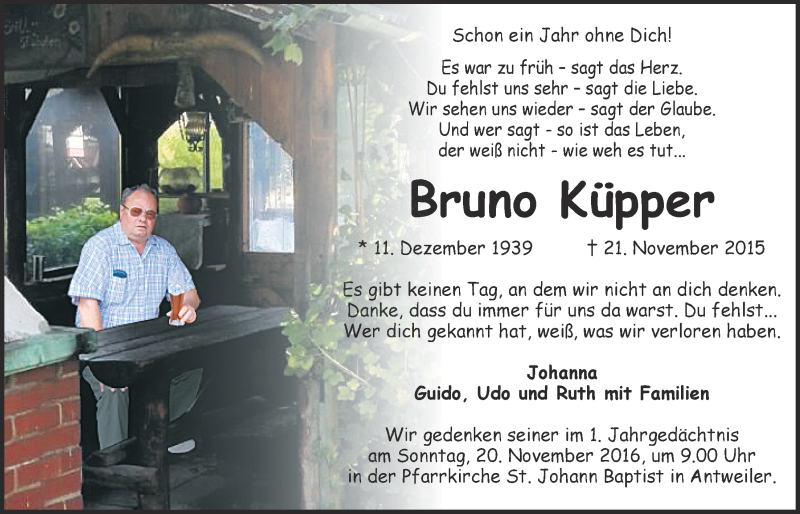  Traueranzeige für Bruno Küpper vom 12.11.2016 aus  Blickpunkt Euskirchen 