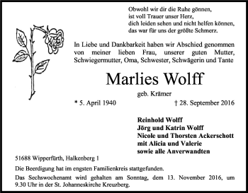 Anzeige von Marlies Wolff von Kölner Stadt-Anzeiger / Kölnische Rundschau / Express