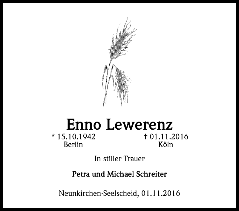  Traueranzeige für Enno Lewerenz vom 05.11.2016 aus Kölner Stadt-Anzeiger / Kölnische Rundschau / Express