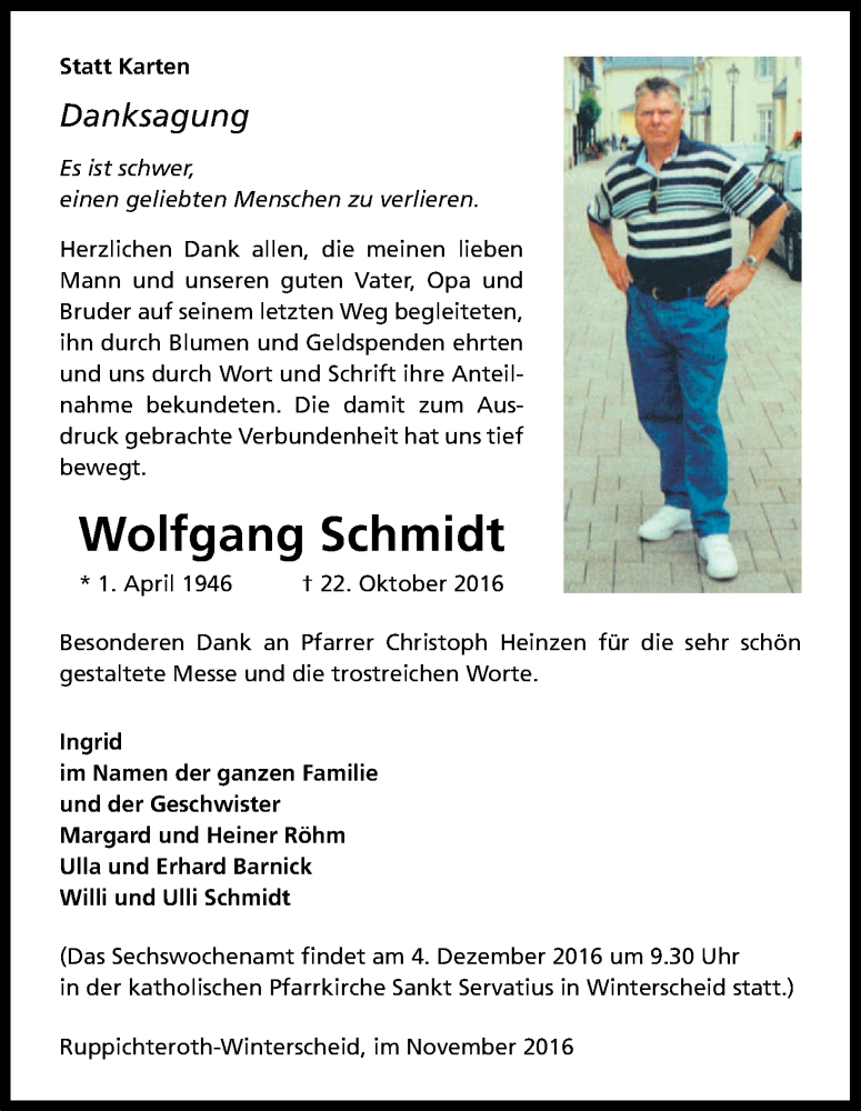  Traueranzeige für Wolfgang Schmidt vom 15.11.2016 aus Kölner Stadt-Anzeiger / Kölnische Rundschau / Express