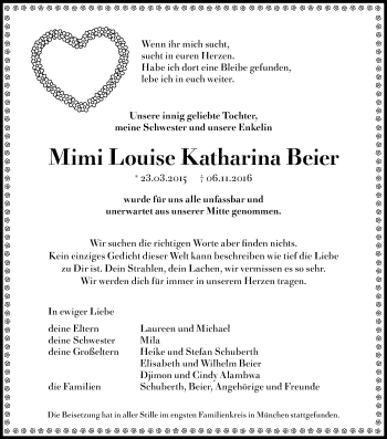 Anzeige von Mimi Louise Katharina Beier von Kölner Stadt-Anzeiger / Kölnische Rundschau / Express