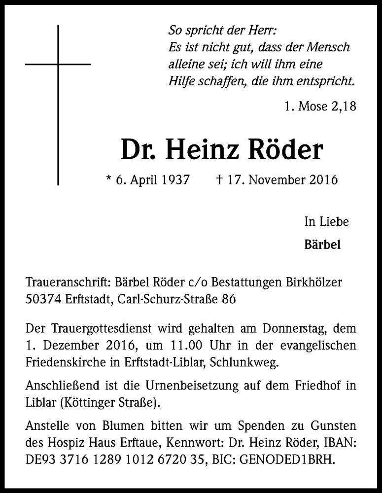  Traueranzeige für Heinz Röder vom 28.11.2016 aus Kölner Stadt-Anzeiger / Kölnische Rundschau / Express