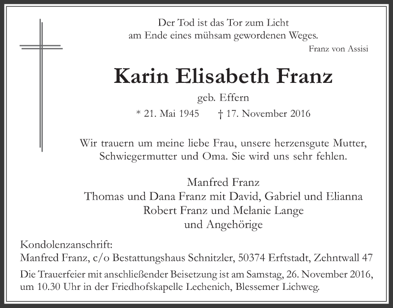  Traueranzeige für Karin Elisabeth Franz vom 23.11.2016 aus  Werbepost 