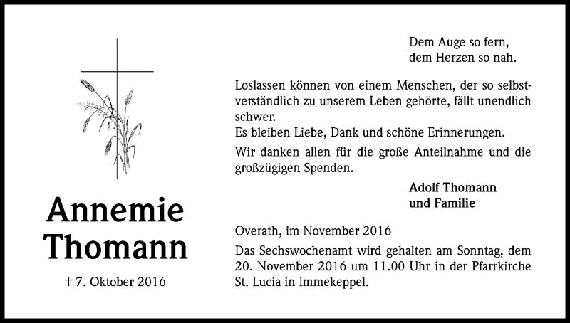  Traueranzeige für Annemie Thomann vom 12.11.2016 aus Kölner Stadt-Anzeiger / Kölnische Rundschau / Express