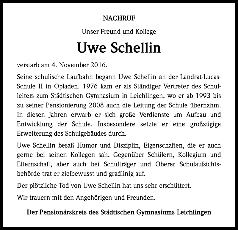  Traueranzeige für Uwe Schellin vom 23.11.2016 aus Kölner Stadt-Anzeiger / Kölnische Rundschau / Express