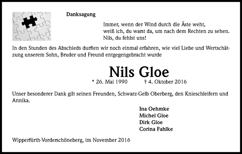  Traueranzeige für Nils Gloe vom 19.11.2016 aus Kölner Stadt-Anzeiger / Kölnische Rundschau / Express