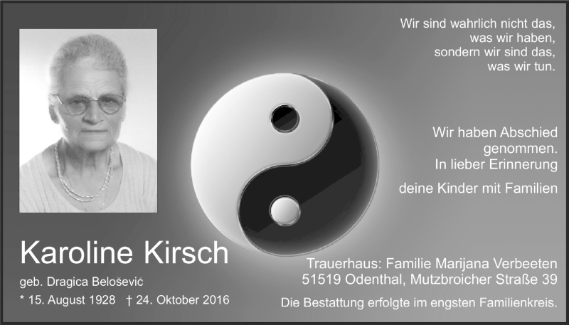  Traueranzeige für Karoline Kirsch vom 09.11.2016 aus  Bergisches Handelsblatt 