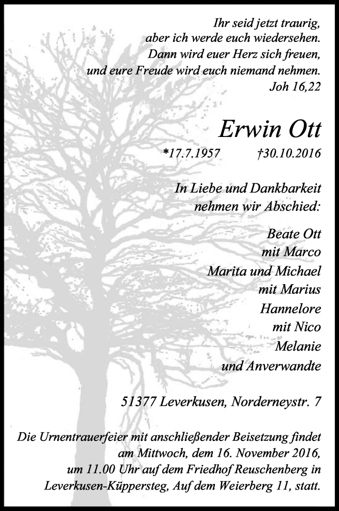  Traueranzeige für Erwin Ott vom 05.11.2016 aus Kölner Stadt-Anzeiger / Kölnische Rundschau / Express