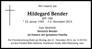 Anzeige von Hildegard Bender von Kölner Stadt-Anzeiger / Kölnische Rundschau / Express
