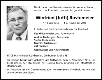 Anzeige von Winfried Rustemeier von Kölner Stadt-Anzeiger / Kölnische Rundschau / Express
