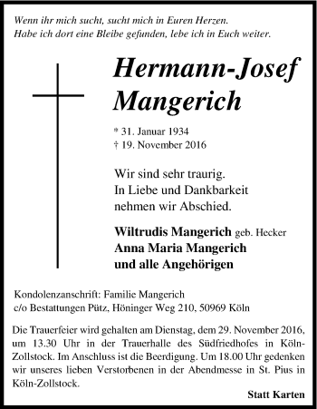 Anzeige von Hermann-Josef Mangerich von Kölner Stadt-Anzeiger / Kölnische Rundschau / Express