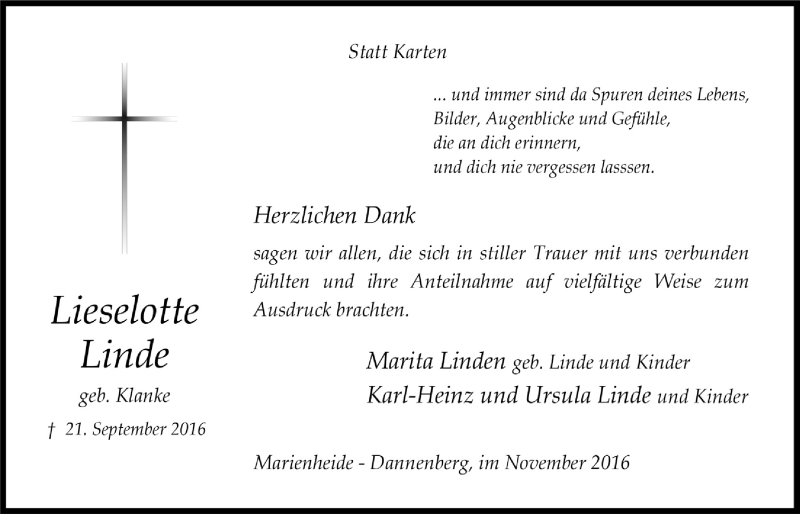  Traueranzeige für Lieselotte Linde vom 16.11.2016 aus  Anzeigen Echo 